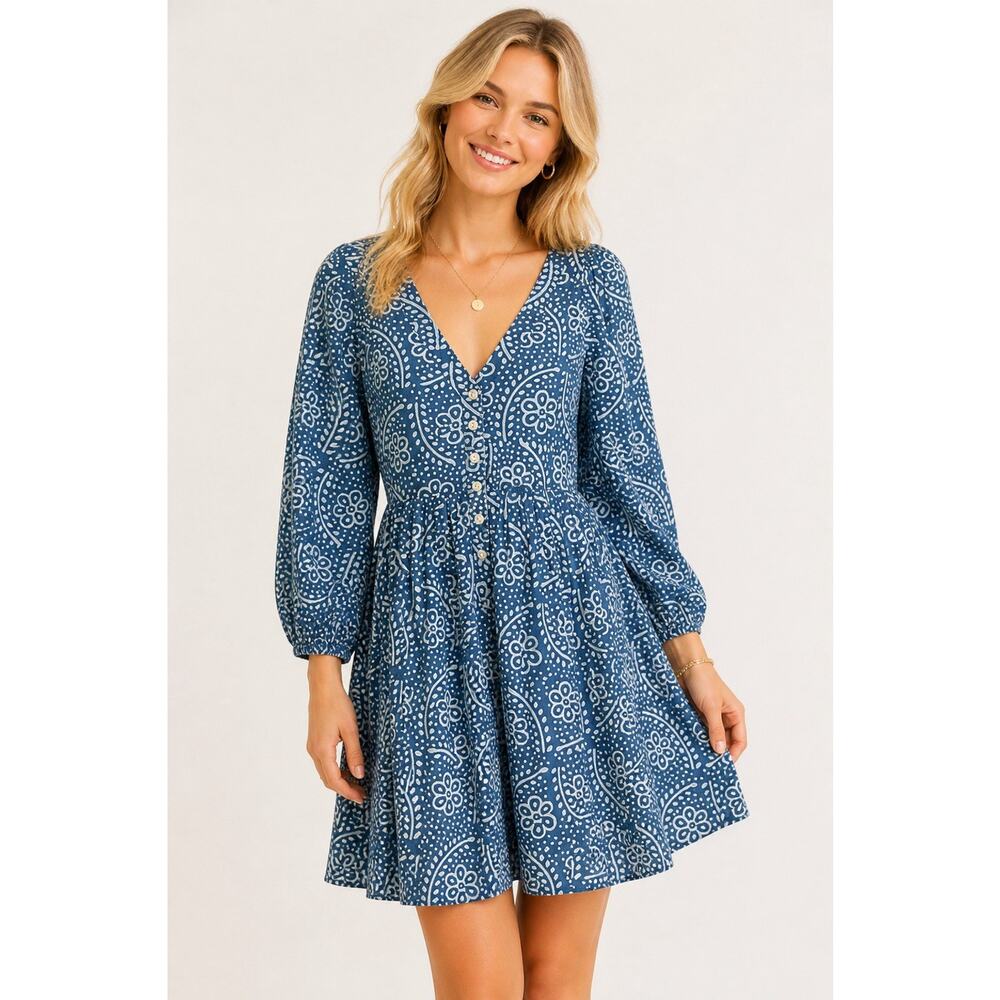 Madewell Mini Dress Sz XS Bubble Sleeve Button Front Indigo Paisley 100% Cotton